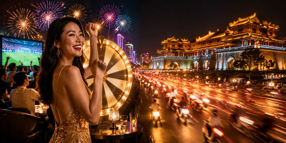 Quay số may mắn neon rực rỡ tại Huế trong không khí lễ hội cá cược